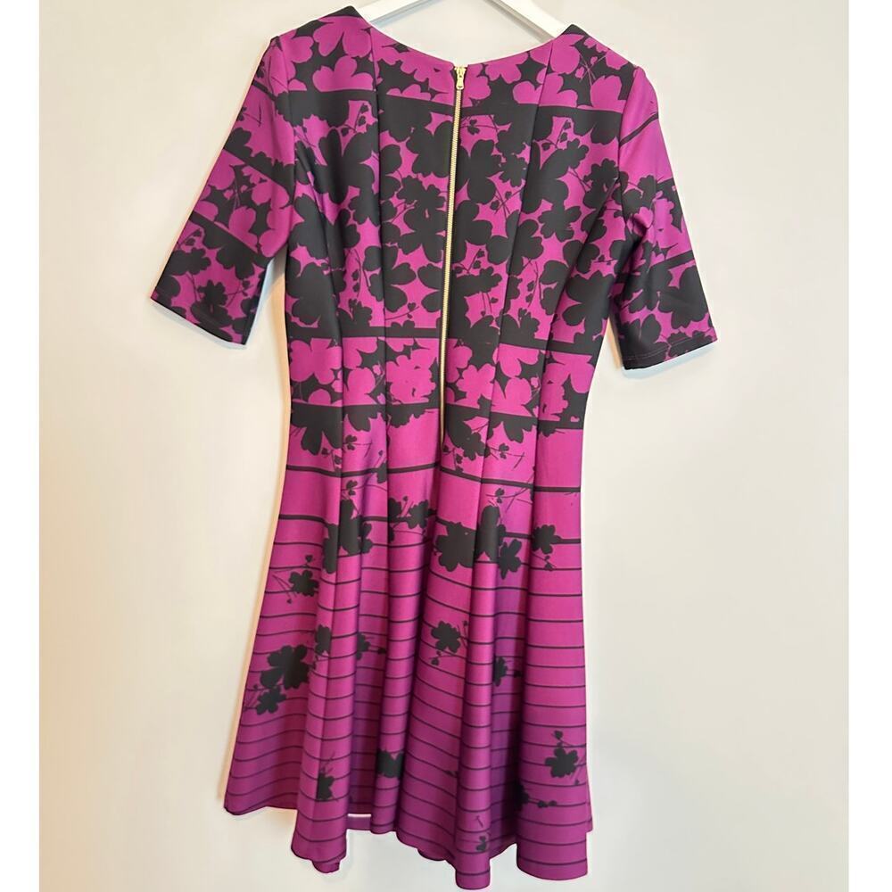 Size 8 Purple Black Floral Striped Scuba Fit Flare Mini Dress Work Knee Length - Picture 3 of 12